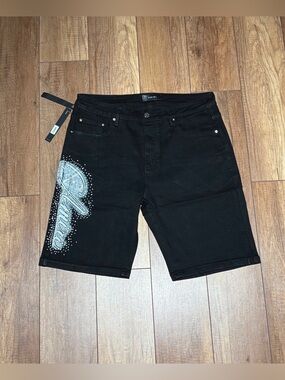 Amiri Mens Black Jean Shorts with White VVS Rhinestones Logo Brand New